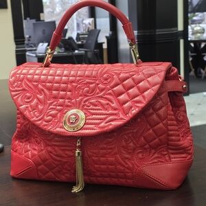 Versace Red Quilted Leather Altea Barocco Vanitas Top Handle Bag